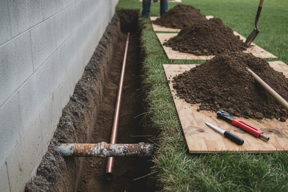 Excavated water line trench during Sewer Line Repair in Hamburg